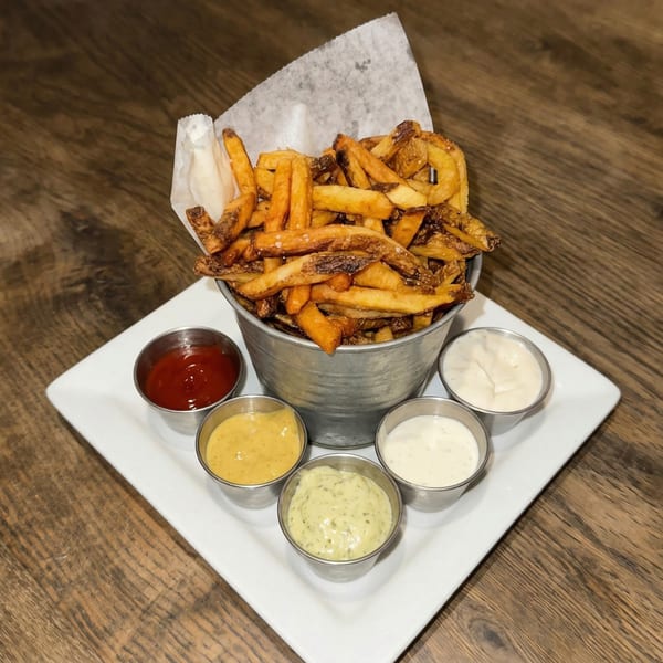 A bucket of crispy, golden-brown French fries with five dipping sauces on a white plate.