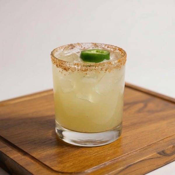 A spicy margarita with a chili-salt rim and a jalapeño slice, on a wooden board.