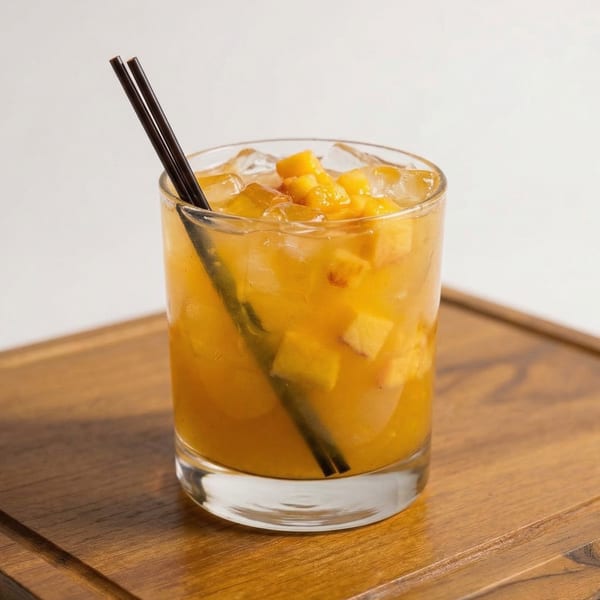 A vibrant orange cocktail with ice and fruit chunks, served in a clear glass with two black straws.