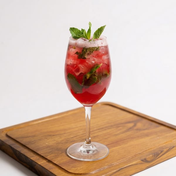 A vibrant red cocktail with ice and mint leaves in a wine glass on a wooden board.